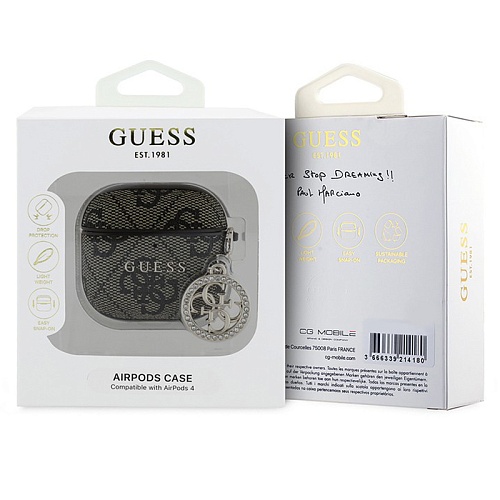 Чехол Airpods 4 Guess PU leather 4G with Classic metal logo and Diamond charm, коричневый