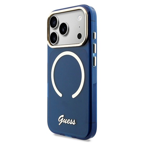 Чехол iPhone 17 Pro Guess IML Script Metal logo and Camera MagSafe, синий