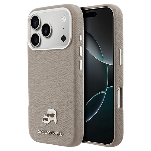 Чехол iPhone 17 Pro Max Lagerfeld PU Saffiano FW NFT Karl&Choup metal&Cam MagSafe, бежевый