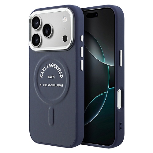 Чехол iPhone 17 Pro Max Lagerfeld PU Smooth leather RSG logo Metal camera MagSafe, синий