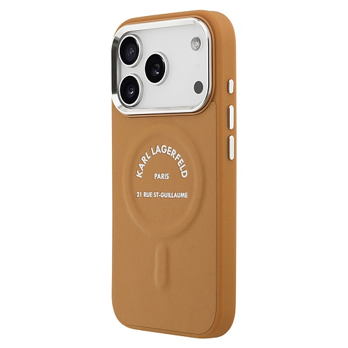 Чехол iPhone 17 Pro Max Lagerfeld PU Smooth leather RSG logo Metal camera MagSafe, коричневый