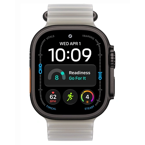Apple Watch Ultra 4, 49 мм, корпус из титана черный, Ocean Band полупрозрачный серый