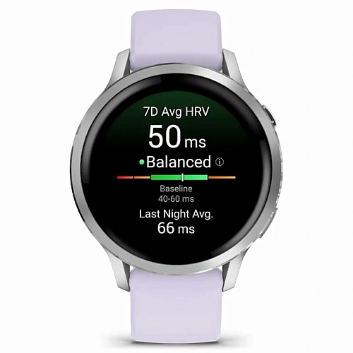 Спортивные часы Garmin Venu 4, 41 мм, корпус серебристый, силиконовый сиреневый ремешок