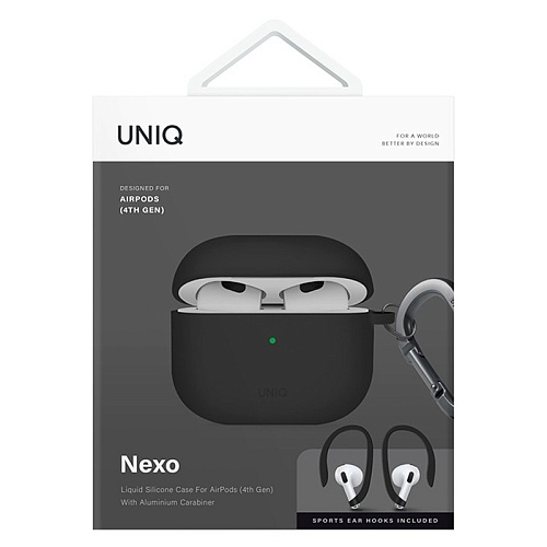 Чехол Airpods 4 Uniq NEXO Liquid silicone +carabin +Sports ear hooks Volt, черный
