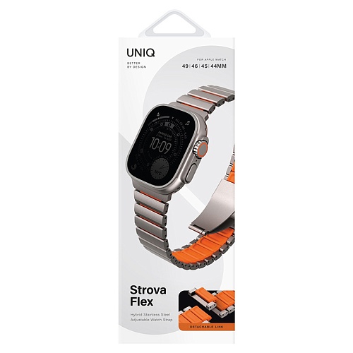 Ремешок Uniq Apple Watch 49/46/45/44 mm Strova Flex Steel Band, серебряный/оранжевый