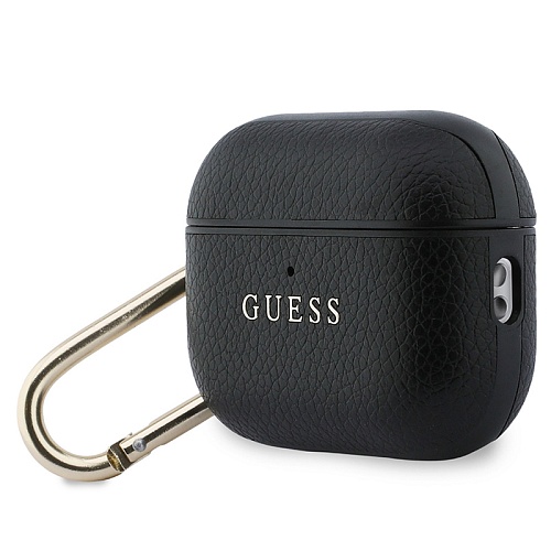 Чехол Airpods Pro 3 Guess PU Grained leather with Classic metal logo and Carabin, черный