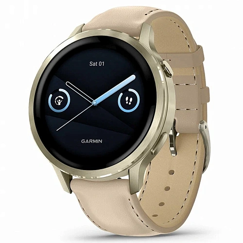 Спортивные часы Garmin Venu 4, 41 мм, корпус лунное золото, светло-песочный кожаный ремешок