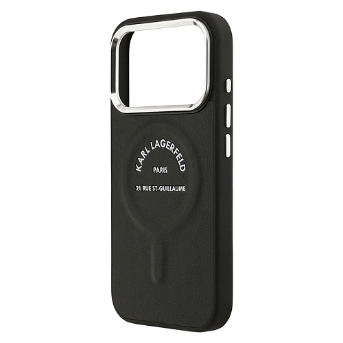 Чехол iPhone 17 Pro Max Lagerfeld PU Smooth leather RSG logo Metal camera MagSafe, черный