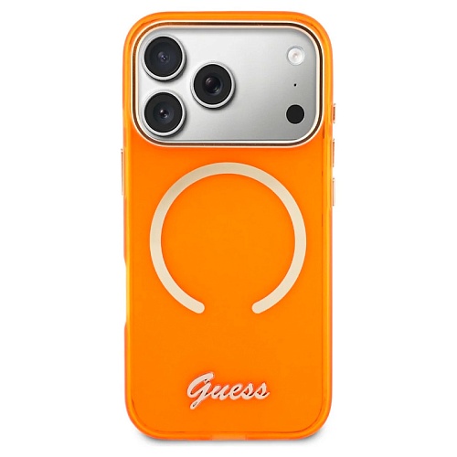 Чехол iPhone 17 Pro Guess IML Script Metal logo and Camera MagSafe, оранжевый
