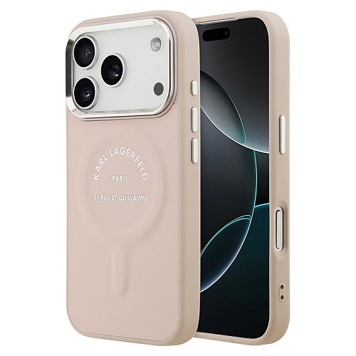 Чехол iPhone 17 Pro Max Lagerfeld PU Smooth leather RSG logo Metal camera MagSafe, розовый