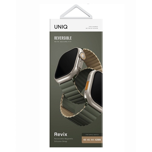 Ремешок Apple Watch 49/46/44mm Uniq Revix reversible Magnetic, зеленый/коричневый