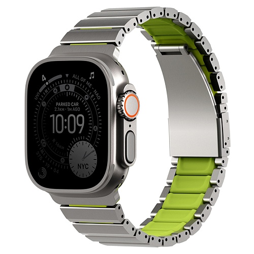 Ремешок Uniq Apple Watch 49/46/45/44 mm Strova Flex Steel Band, серебряный/зеленый