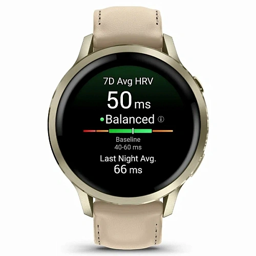 Спортивные часы Garmin Venu 4, 41 мм, корпус лунное золото, светло-песочный кожаный ремешок