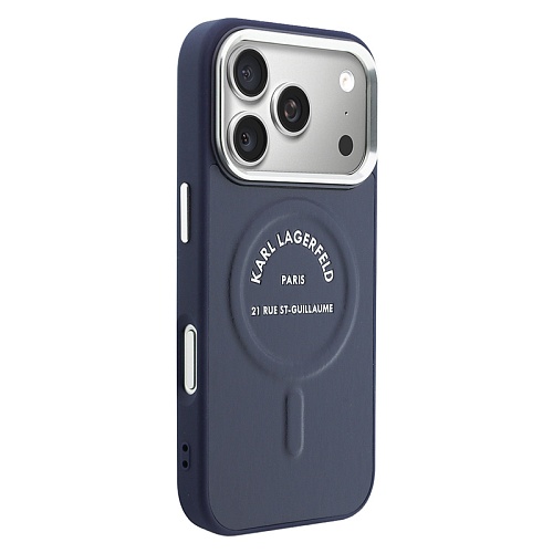 Чехол iPhone 17 Pro Max Lagerfeld PU Smooth leather RSG logo Metal camera MagSafe, синий
