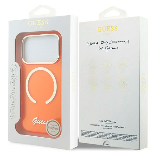 Чехол iPhone 17 Pro Guess IML Script Metal logo and Camera MagSafe, оранжевый