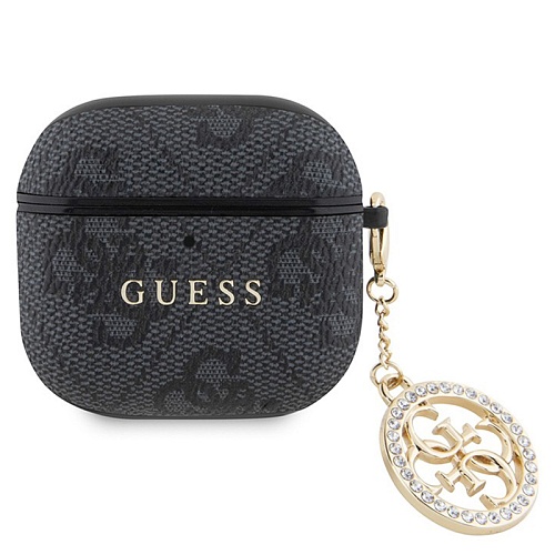Чехол Airpods 4 Guess PU leather 4G with Classic metal logo and Diamond charm, черный