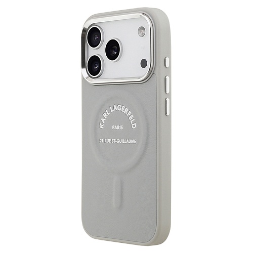 Чехол iPhone 17 Pro Max Lagerfeld PU Smooth leather RSG logo Metal camera MagSafe, серый