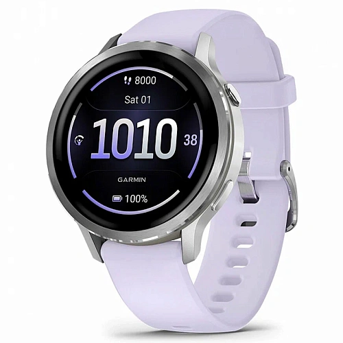 Спортивные часы Garmin Venu 4, 41 мм, корпус серебристый, силиконовый сиреневый ремешок