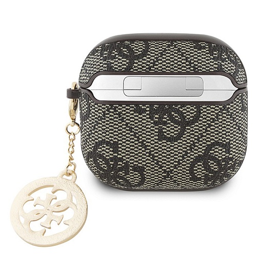 Чехол Airpods 4 Guess PU leather 4G with Classic metal logo and Diamond charm, коричневый