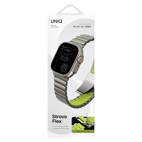 Ремешок Uniq Apple Watch 49/46/45/44 mm Strova Flex Steel Band, серебряный/зеленый