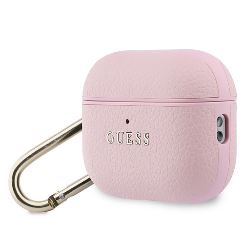 Чехол Airpods Pro 3 Guess PU Grained leather with Classic metal logo and Carabin, розовый
