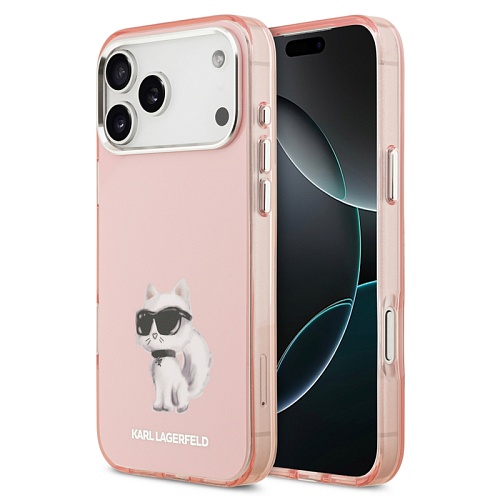 Чехол iPhone 17 Pro Max Lagerfeld IML Aquarelle Choupette Metal cam MagSafe, розовый