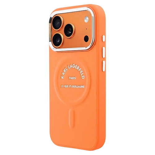Чехол iPhone 17 Pro Max Lagerfeld PU Smooth leather RSG logo Metal camera MagSafe, оранжевый
