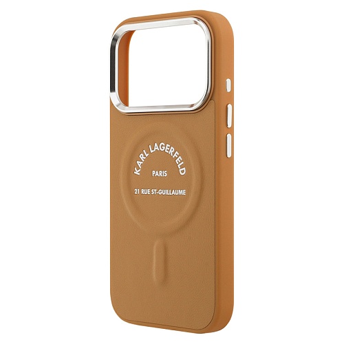 Чехол iPhone 17 Pro Max Lagerfeld PU Smooth leather RSG logo Metal camera MagSafe, коричневый