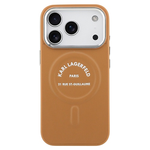 Чехол iPhone 17 Pro Max Lagerfeld PU Smooth leather RSG logo Metal camera MagSafe, коричневый