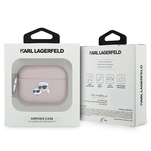 Чехол Airpods Pro 3 Lagerfeld PU Saffiano Monogram with ring NFT Metal Head Karl & Choup, розовый