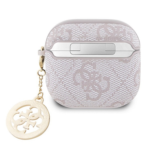 Чехол Airpods 4 Guess PU leather 4G with Classic metal logo and Diamond charm, розовый