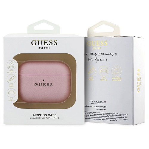 Чехол Airpods Pro 3 Guess PU Grained leather with Classic metal logo and Carabin, розовый