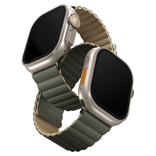 Ремешок Apple Watch 49/46/45/44mm Uniq Revix reversible Magnetic, зеленый/бежевый