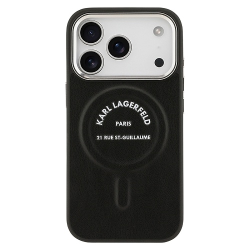 Чехол iPhone 17 Pro Max Lagerfeld PU Smooth leather RSG logo Metal camera MagSafe, черный