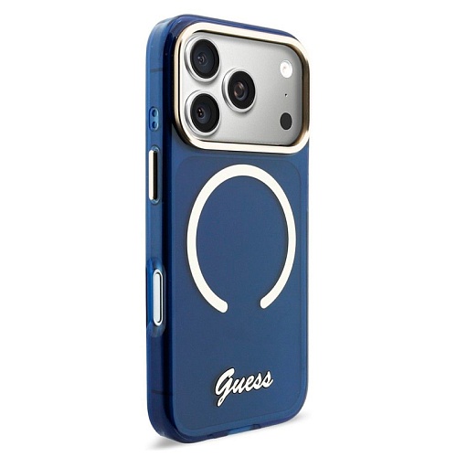 Чехол iPhone 17 Pro Guess IML Script Metal logo and Camera MagSafe, синий
