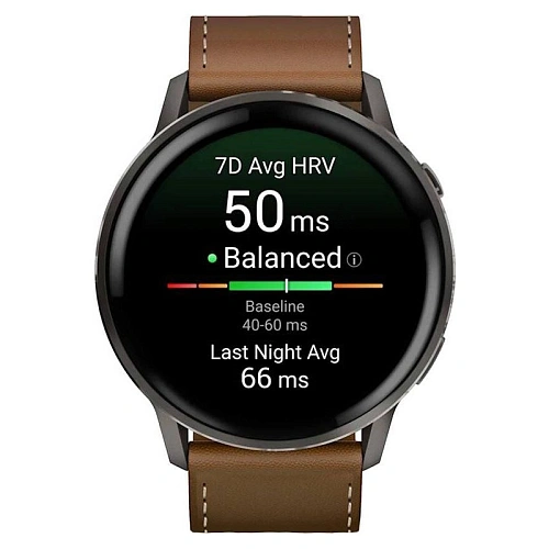 Спортивные часы Garmin Venu 4, 45 мм, корпус графитовый, коричневый кожаный ремешок