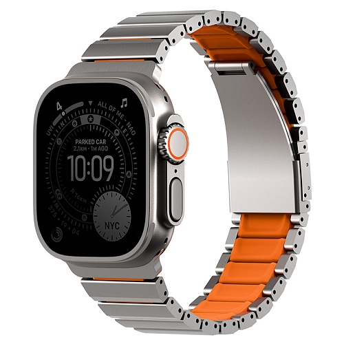 Ремешок Uniq Apple Watch 49/46/45/44 mm Strova Flex Steel Band, серебряный/оранжевый
