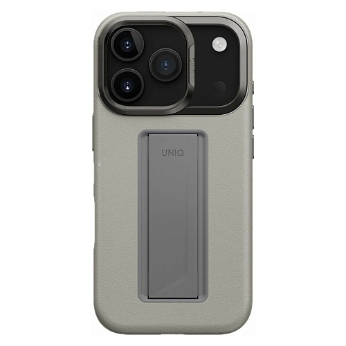 Чехол iPhone 17 Pro Max Uniq Heldro PRO Leatherette + FlexGrip & Camera stand MagSafe, серый