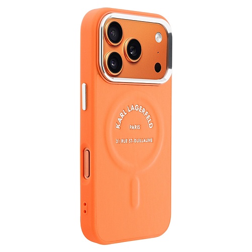 Чехол iPhone 17 Pro Max Lagerfeld PU Smooth leather RSG logo Metal camera MagSafe, оранжевый