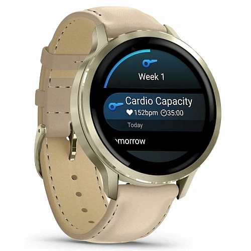 Спортивные часы Garmin Venu 4, 41 мм, корпус лунное золото, светло-песочный кожаный ремешок