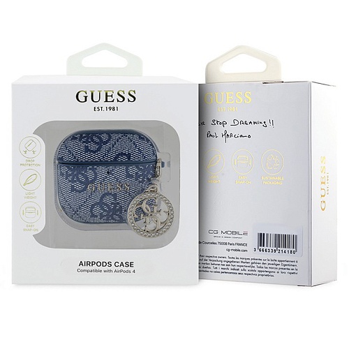 Чехол Airpods 4 Guess PU leather 4G with Classic metal logo and Diamond charm, синий