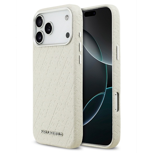 Чехол iPhone 17 Pro Max Lagerfeld PU Full Wrapped Repeated logo Metal Cam Hard, бежевый
