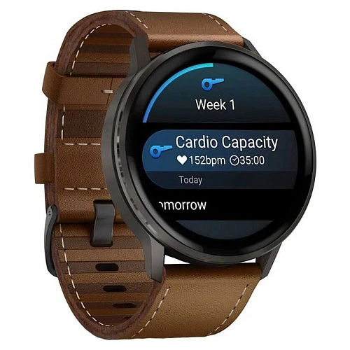 Спортивные часы Garmin Venu 4, 45 мм, корпус графитовый, коричневый кожаный ремешок