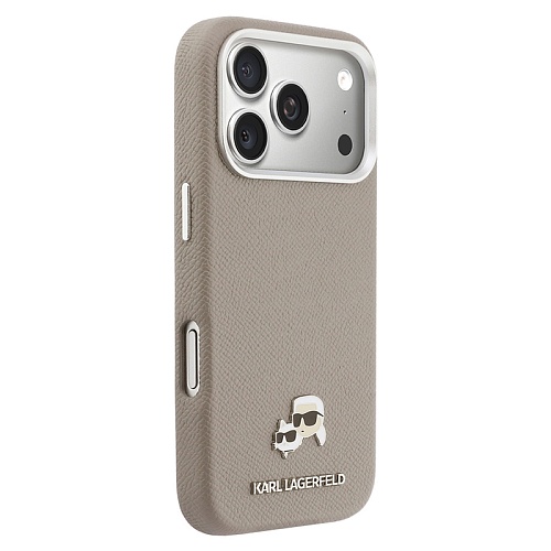 Чехол iPhone 17 Pro Max Lagerfeld PU Saffiano FW NFT Karl&Choup metal&Cam MagSafe, бежевый
