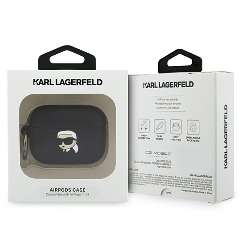 Чехол для Airpods Pro 3 Lagerfeld Silicone case with ring NFT 3D Karl, черный