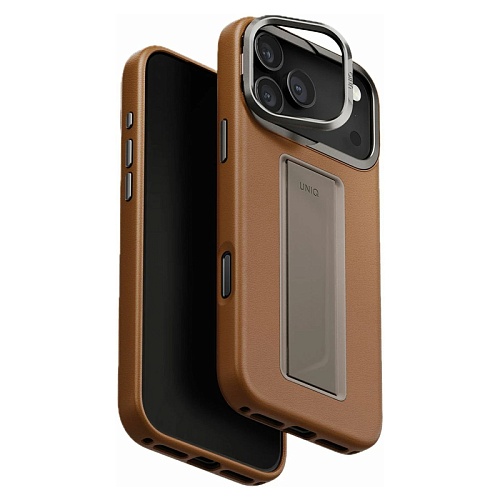 Чехол iPhone 17 Pro Max Uniq Heldro PRO Leatherette + FlexGrip & Camera stand MagSafe, карамельный