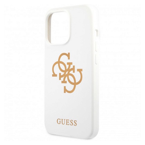 Чехол iPhone 13 Pro Guess Liquid Silicone Big 4G Gold Logo, белый