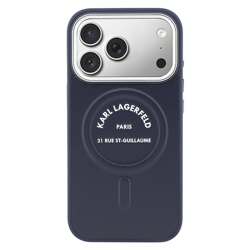 Чехол iPhone 17 Pro Max Lagerfeld PU Smooth leather RSG logo Metal camera MagSafe, синий