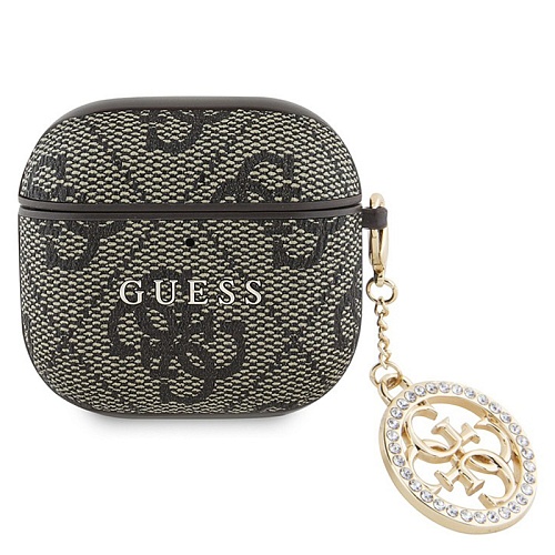 Чехол Airpods 4 Guess PU leather 4G with Classic metal logo and Diamond charm, коричневый