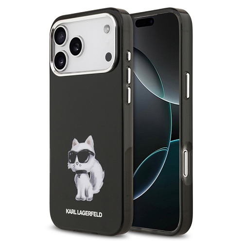 Чехол iPhone 17 Pro Max Lagerfeld IML Aquarelle Choupette Metal cam MagSafe, черный